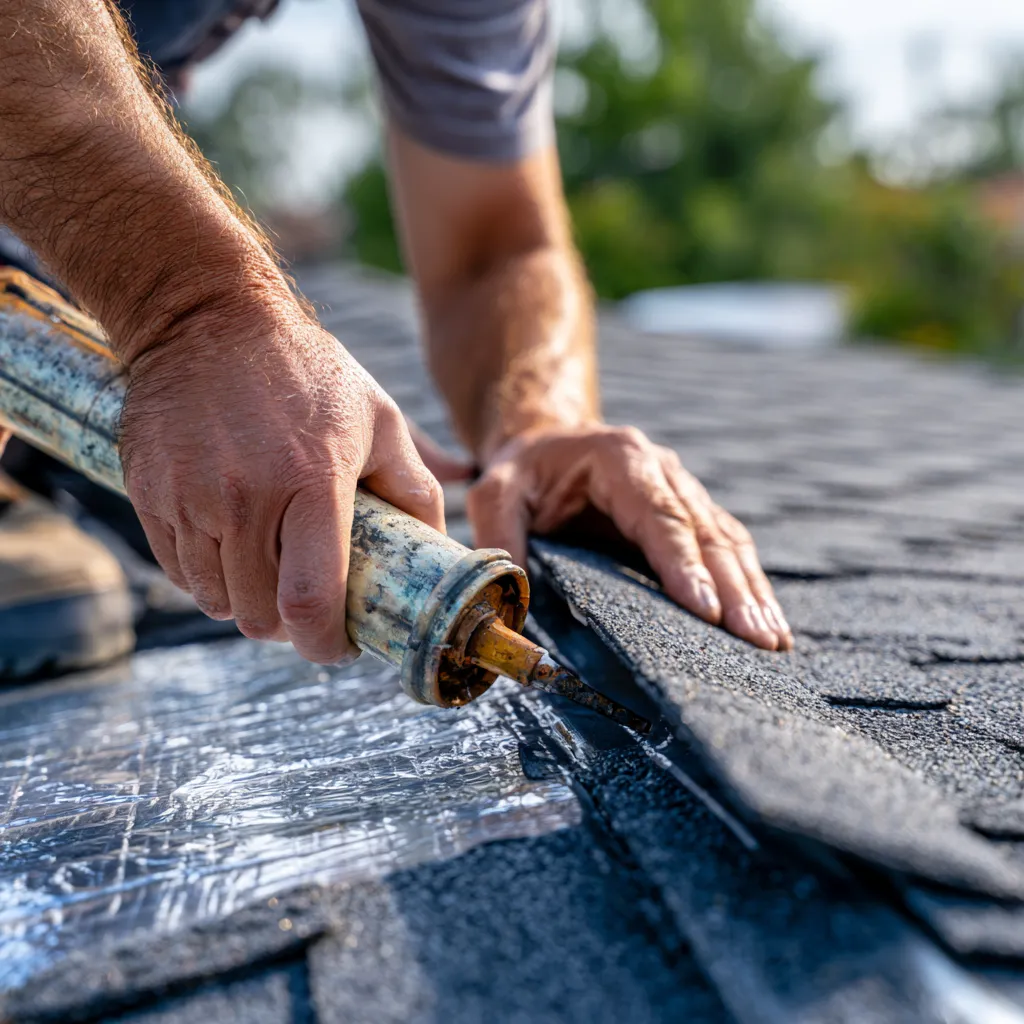 A roof leak addressed as a roofer applies sealant to a shingle edge